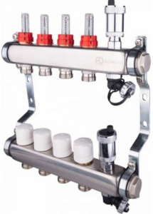 Коллекторная группа ZEGOR,    QS-1847 с расх-ми, термостат. клапана, дренажные кл. с автомат. возд-ком, нерж. сталь 1"х4х3/4"